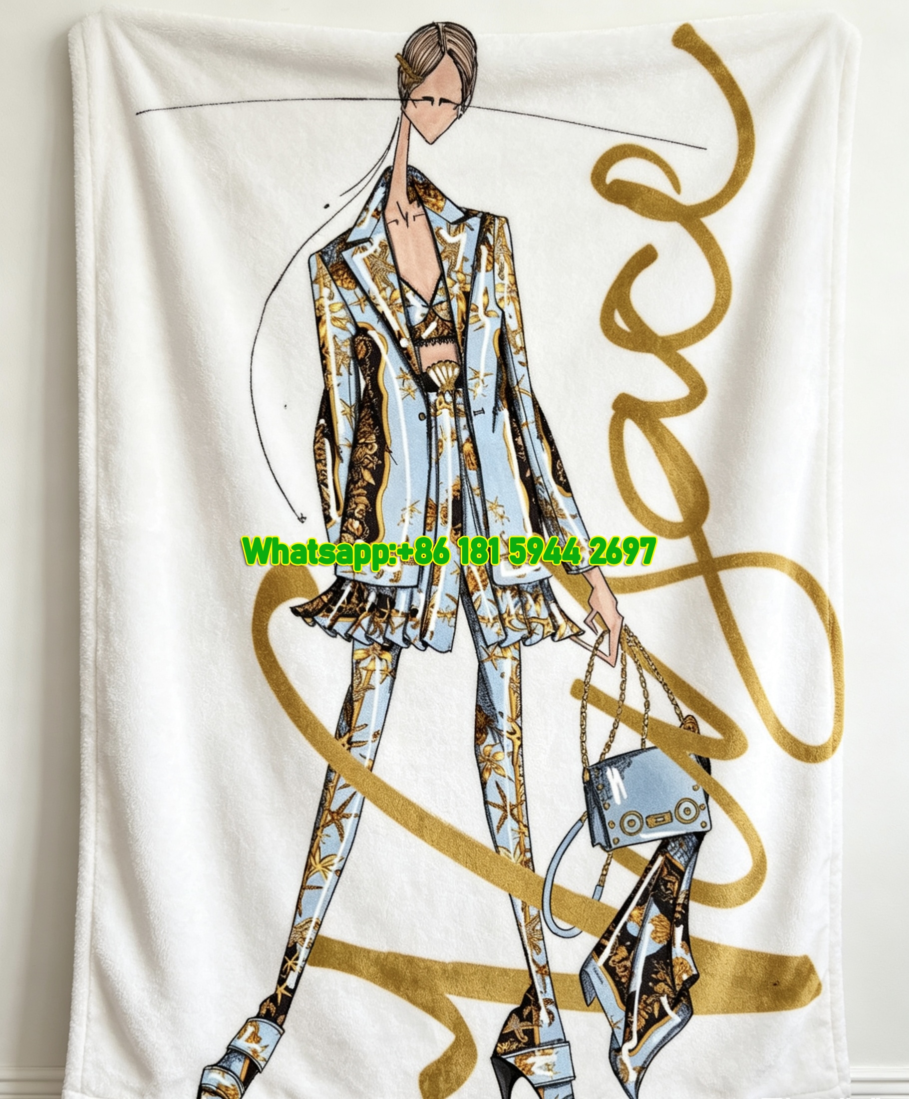 Versace Black Gold Fashion Sketch Print Flannel Sofa Throw Blanket IMG_1664
